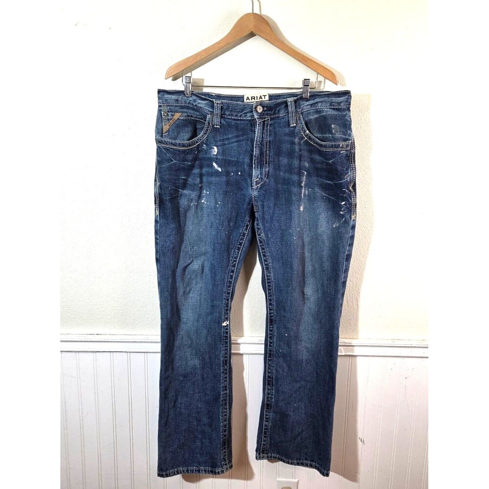 Ariat M4 Relaxed Boot Cut Jeans Mens 36x32 Blue Denim Work Western Paint Splatte